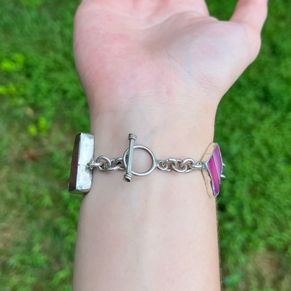 Vintage Sterling Silver Pink Agate Toggle Bracelet - Picture 8 of 16